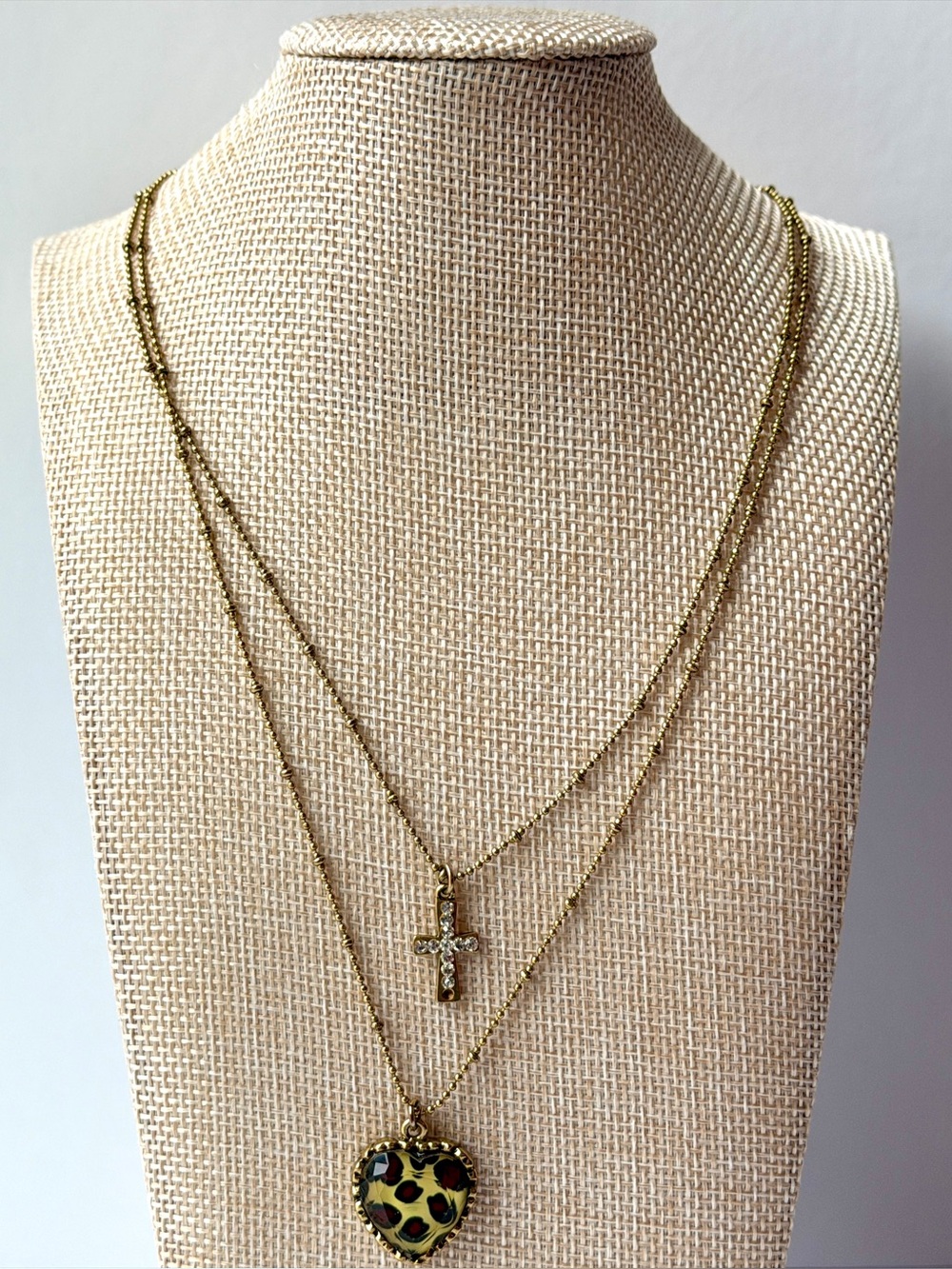 Betsey Johnson Layered Heart & Cross Necklace - Leopard Heart Pendant